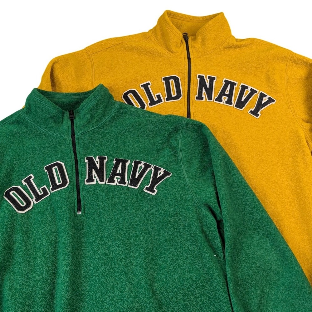 Lot of 2 Old Navy Mens Large Fleece Quarter Zip Pullover Green Yellow Logo